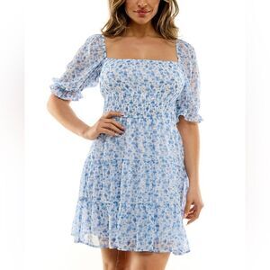 Blue & White Floral-Print Smocked-Waist Tiered Dress with Short BubbleSleeves